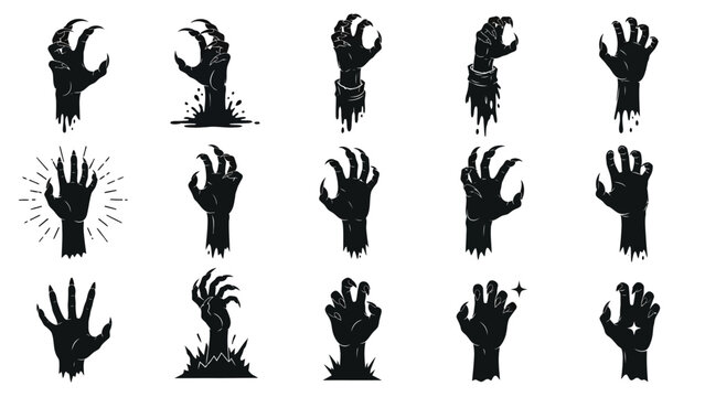 Collection of Spooky Zombie Hand Illustrations with Various Poses and Clawed Fingers for Halloween and Horror Themes