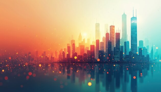 City skyline illustration. Modern cityscape with tall skyscrapers. Financial district at sunset with reflections. Urban tech background for business and design. Digital art style showcases structures.