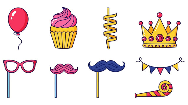 Vibrant collection of party and celebration icons featuring a balloon, cupcake, festive crown, fun photo booth props, and colorful decorations for joyful events and special occasions