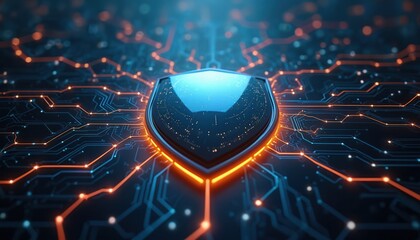 Digital shield over circuit board represents cybersecurity protection. Orange lines form network connections. Concept data security firewall privacy, digital safety. Modern tech illustration shows