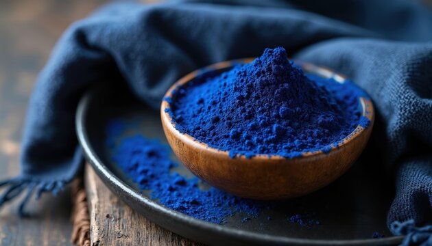 Wooden bowl full of vibrant blue indigo pigment powder. Rests on dark ceramic plate near textured blue fabric. Artistic composition evokes creativity, dye craft, color art. Deep shadows add drama to
