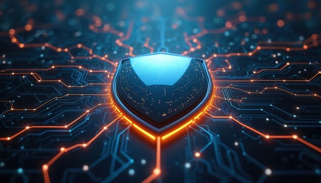 Digital shield over circuit board represents cybersecurity protection. Orange lines form network connections. Concept data security firewall privacy, digital safety. Modern tech illustration shows - Powered by Adobe