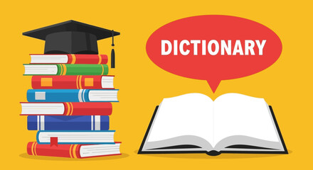 Educational illustration with a colorful stack of academic books, a mortarboard cap, and an open dictionary prominently displaying 'DICTIONARY,' symbolizing learning, knowledge, and scholarly pursuit