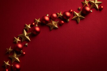Elegant christmas border with red baubles and gold stars on a rich red