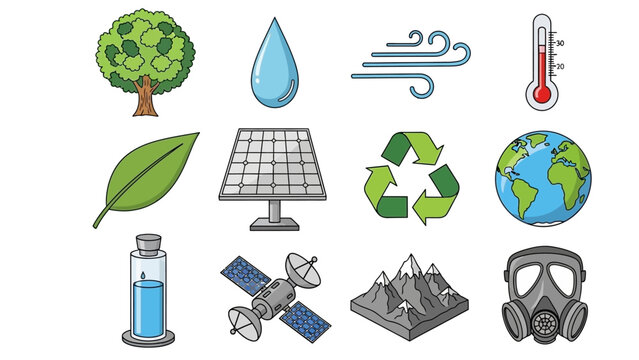 Diverse environmental and technological icon collection, featuring concepts like nature, water, renewable energy, sustainability, and global ecological solutions in a crisp illustrative style