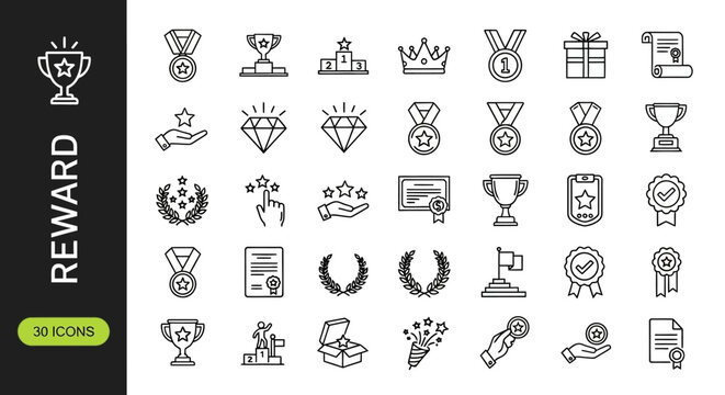A versatile collection of minimalist outline vector icons for rewards, achievements, and recognition. Symbolizing success, victory, and premium quality, ideal for modern digital design