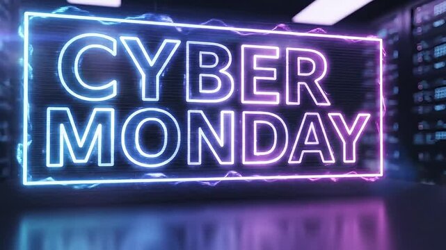 Glowing neon sign announces Cyber Monday sales with vibrant purple and blue lights