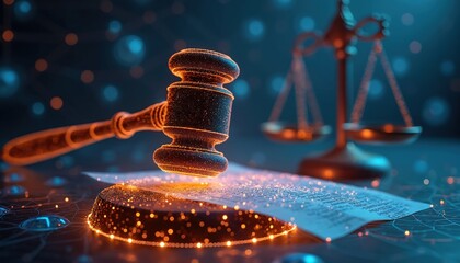 Digital gavel strikes virtual bankruptcy papers. Futuristic tech court scene features scales of justice. Concept online law digital justice, cyber enforcement system. Modern abstract illustration.