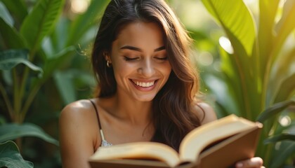 A beautiful young woman with a radiant smile reads a book outdoors. Sunlight filters through lush green foliage. She enjoys leisure time and a peaceful moment of reading in nature.