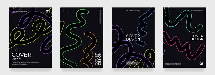 Black abstract background vector set with colorful hand drawn outline squiggles. Many-coloured posters design vector illustration