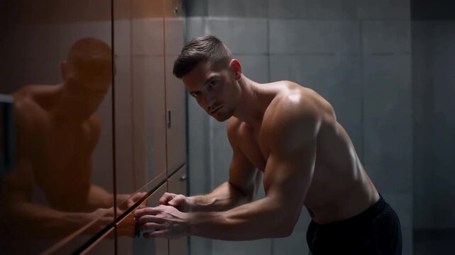 A physically fit and shirtless man pauses for a moment of stillness, his intense gaze fixed after a hard workout in the gym