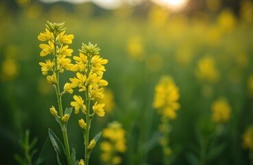 Fototapeta premium Close up photo of yellow flowers. Vibrant Barbarea vulgaris blossoms grow in green field. Sunny summer landscape with wildflowers. Natural beauty of blooms. Flora season.