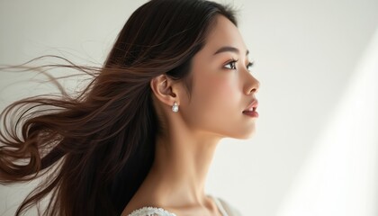 Elegant Asian woman with flowing dark hair in soft studio light. Wears delicate jewelry, simple white dress. Focus on serene expression, natural beauty, capturing moment of quiet grace. Ideal for