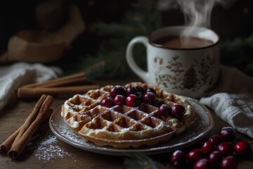 Cozy winter breakfast with waffles and cranberries