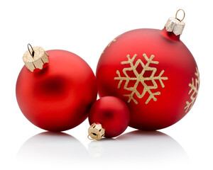 Three Christmas red baubles isolated on white background