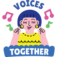 Woman Singing with Musical Notes Floating Around Her Head Surrounded by Blue Wavy Banner with Text Voices Together