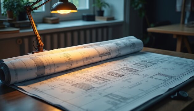 Large rolled-out blueprint on drafting table with building plans and measurements. Lamp illuminates paper with architectural drawings. Office background with window and plants visible.