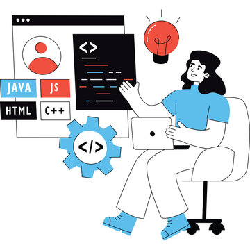 Woman Programmer Working on Laptop with Code on Screen and Light Bulb Idea Symbol in a Modern Office Setting