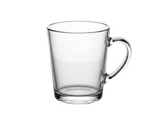 Clear glass mug isolated PNG on transparent background, empty coffee cup for hot drinks and beverages, kitchenware
