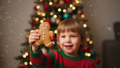 A child proudly shows a gingerbread cookie while smiling excitedly during holiday baking time