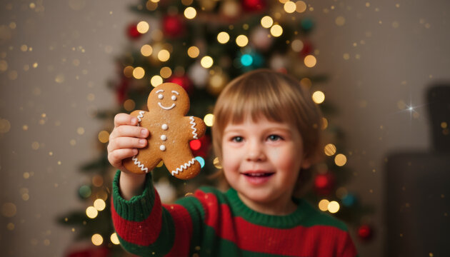 A child proudly shows a gingerbread cookie while smiling excitedly during holiday baking time