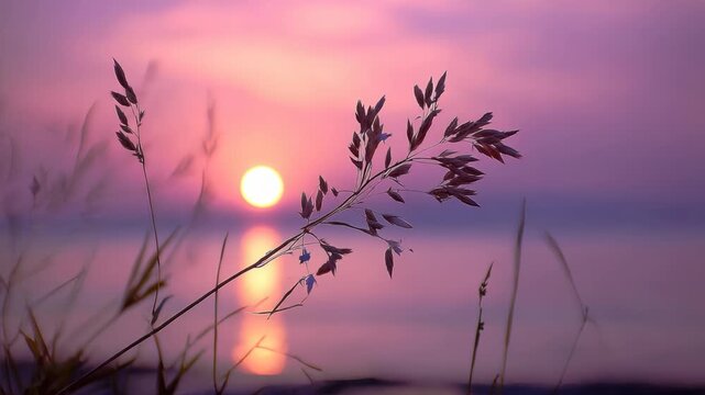 Little grass stem close-up with sunset over calm sea, sun going down over horizon. Pink & purple