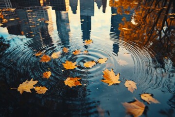 Autumn leaves floating on rippled water in urban reflection