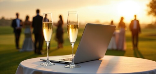 Two champagne glasses stand near a laptop on a table during a golf course event. People gather at a social function in the blurry background celebrating corporate success at sunset.