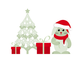 bunny with cap and scarf, christmas tree and gifts isolated on white background