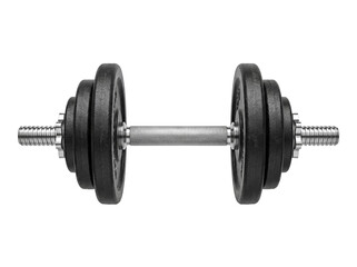 Adjustable dumbbell with black plates isolated PNG, fitness equipment for strength training and bodybuilding on transparent background