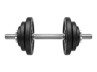 Adjustable dumbbell with black plates isolated PNG, fitness equipment for strength training and bodybuilding on transparent background