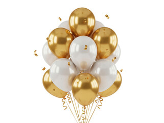 Bunch of gold and white balloons PNG isolated on transparent background, party decoration for birthday and celebration