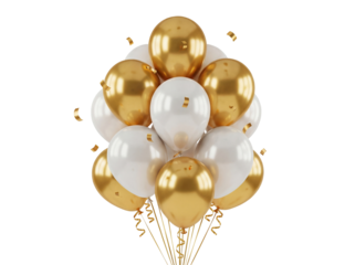 Bunch of gold and white balloons PNG isolated on transparent background, party decoration for birthday and celebration