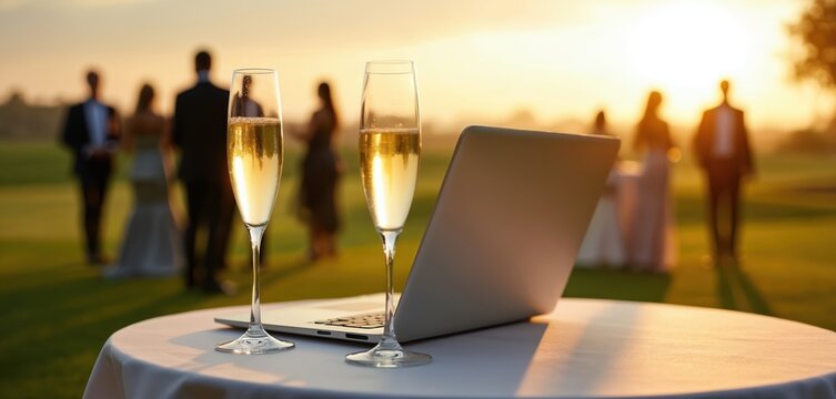 Two champagne glasses stand near a laptop on a table during a golf course event. People gather at a social function in the blurry background celebrating corporate success at sunset.