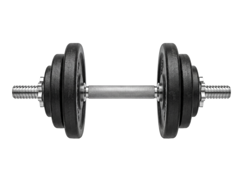 Adjustable dumbbell with black plates isolated PNG, fitness equipment for strength training and bodybuilding on transparent background