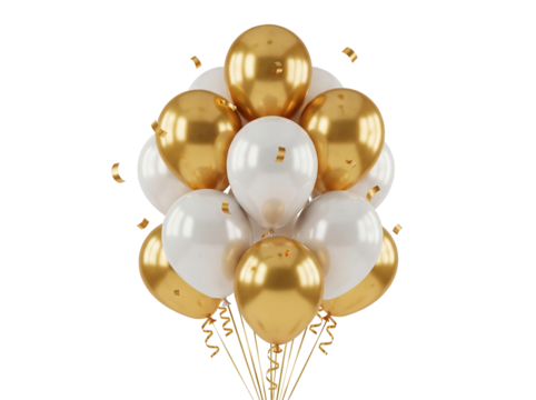 Bunch of gold and white balloons PNG isolated on transparent background, party decoration for birthday and celebration