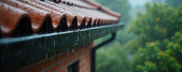 Close-up of a red tiled roof during heavy rain. Water streams down the shingles reflecting grey skies and lush plants. A moody, atmospheric scene evokes feelings of tranquility and natures power.