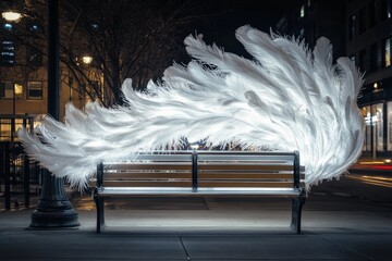 Illuminated feather installation on park bench at night