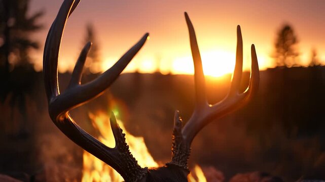 A majestic deer stands proudly with its impressive antlers silhouetted against a vibrant sunset. The warm colors of the sky reflect the tranquility of the wilderness surrounding th