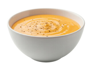Creamy butternut squash soup in a bowl isolated PNG, delicious autumn meal on transparent background for food blogs and restaurant menus