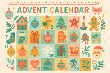 Advent calendar in decorative childish lovely style. Vector illustration in pastel colors