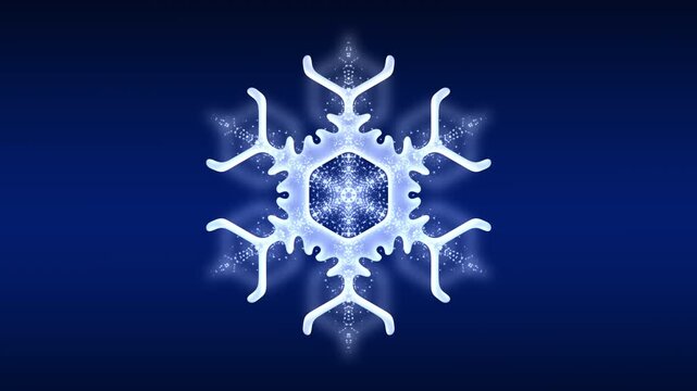 One Big Snow Flake 3D Changing Shape on Blue Background, Christmas Video Animation
