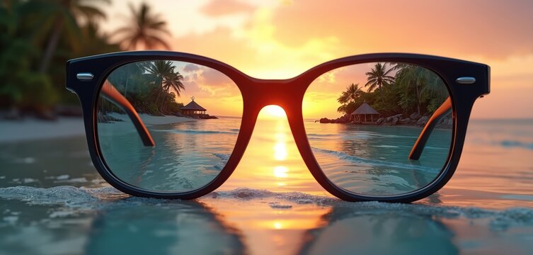 Black framed glasses reflect tropical beach sunset scene with palm trees and calm ocean water. Goggles sit on wet sand near sea waves during golden hour.