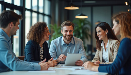 Diverse group of professionals smiling around a table, discussing ideas and using a tablet device. People collaborate in modern office space, share insights and talk.