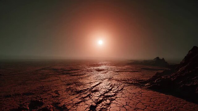 Long cinematic drone shot of Proxima Centauri B's surface. Vast, cracked red soil stretching into the horizon, with occasional jagged rock formations under a dim red sky