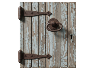 Rustic weathered wooden door PNG isolated, with peeling paint and iron hardware, vintage architectural element on transparent background