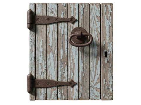 Rustic weathered wooden door PNG isolated, with peeling paint and iron hardware, vintage architectural element on transparent background
