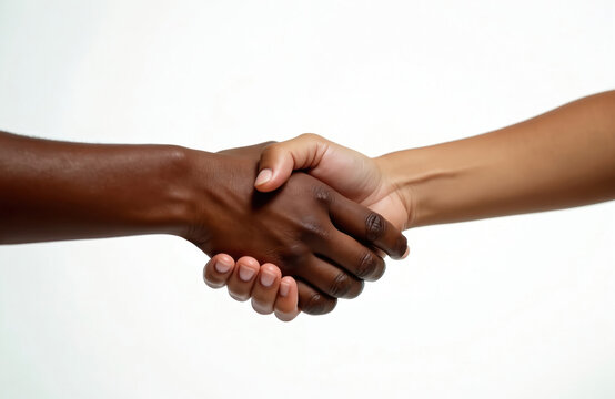 Two hands clasp in handshake against white background. Close up view demonstrates business agreement or friendship concept. Diverse people team cooperation photo.