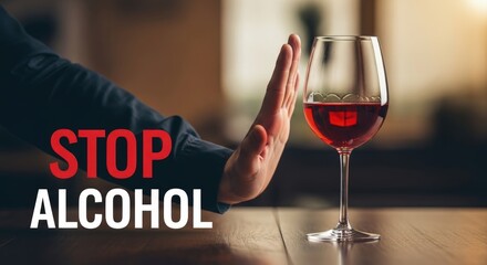 Hand gesturing no to red beverage in glass, representing sober choice, alcohol free living, or dry January resolutions.