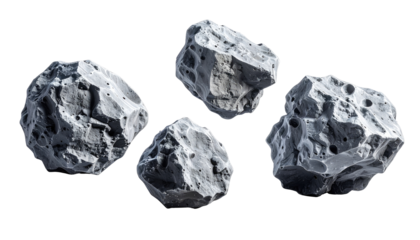 Four textured, gray celestial bodies appear to float against a stark black background. They exhibit pitted surfaces and varied shapes